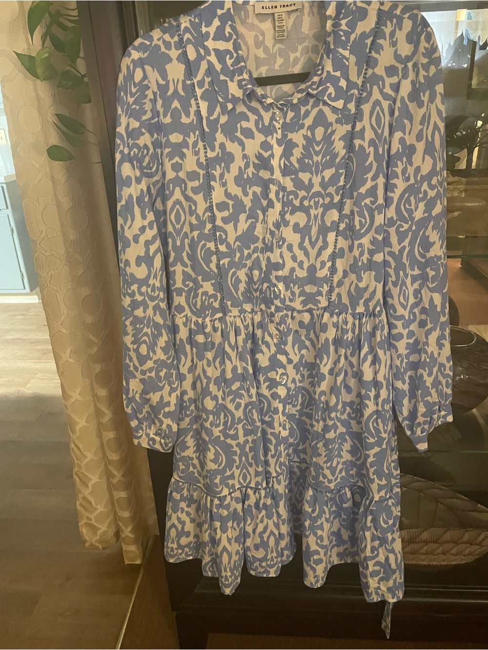 Ellen Tracy Blue and White Printed Long-Sleeve Tiered Dress
